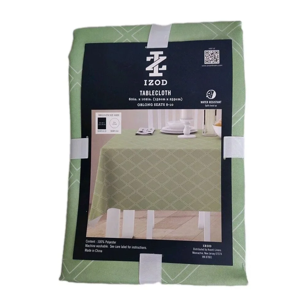 Izod Green Jacquard Trellis Tablecloth In/Outdoor Oblong 60 X 102 Water Resist